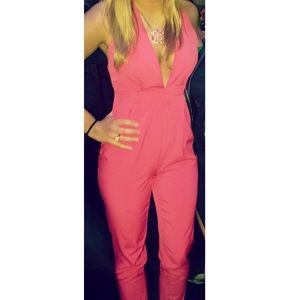 Worn once hot pink, low neck jumpsuit